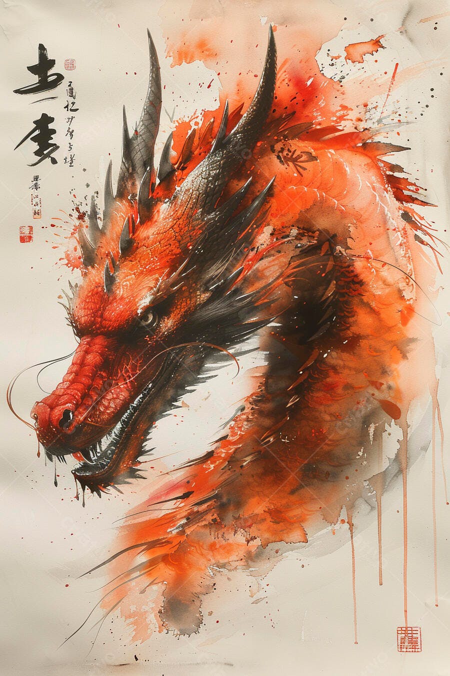 Dragão chinês vermelho e preto em aquarela vibrante com caligrafia asiática
