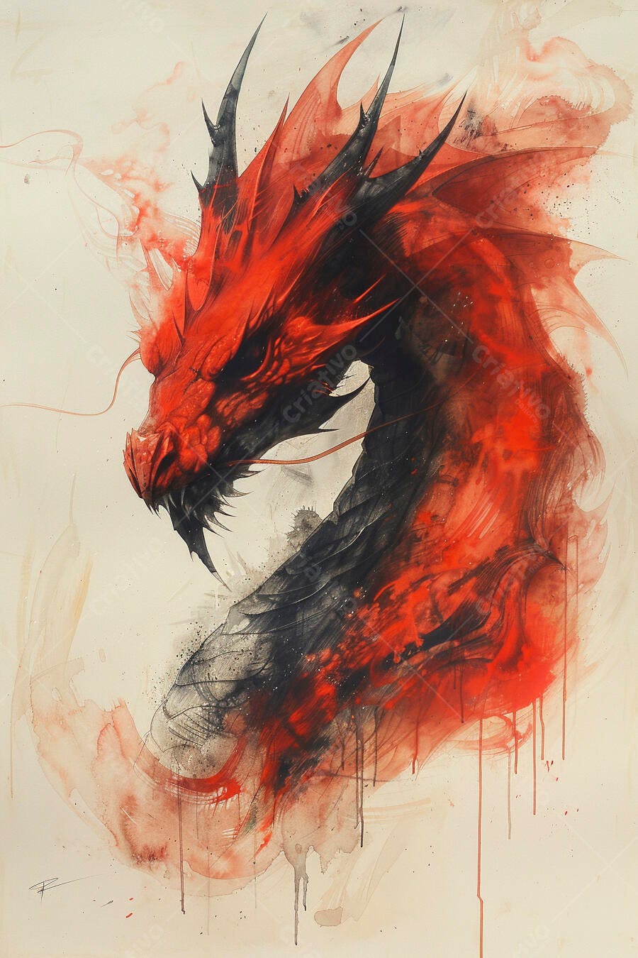 Dragão vermelho e preto feroz em arte aquarela vibrante