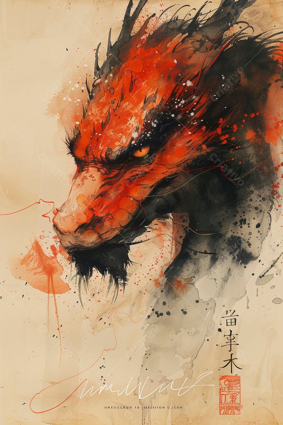 Dragão vermelho e preto pintura aquarela estilo oriental
