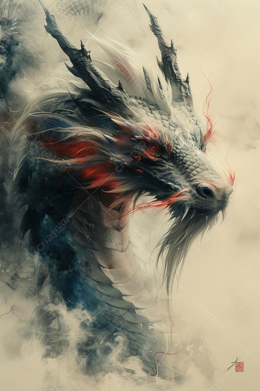 Dragão oriental cinza e vermelho com olhos brilhantes arte fantástica