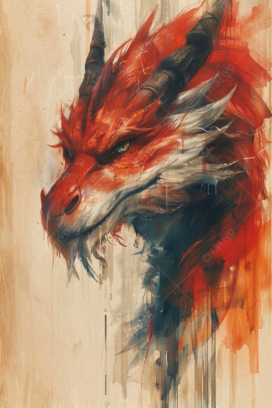 Dragão vermelho feroz com olhos azuis em arte aquarela vibrante