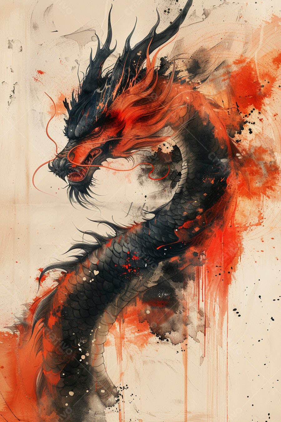 Dragão asiático preto e vermelho em aquarela com traços fortes e dinâmicos