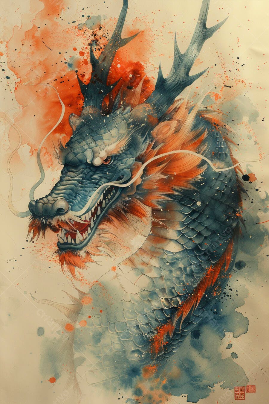 Dragão asiático azul e laranja em aquarela vibrante arte mística