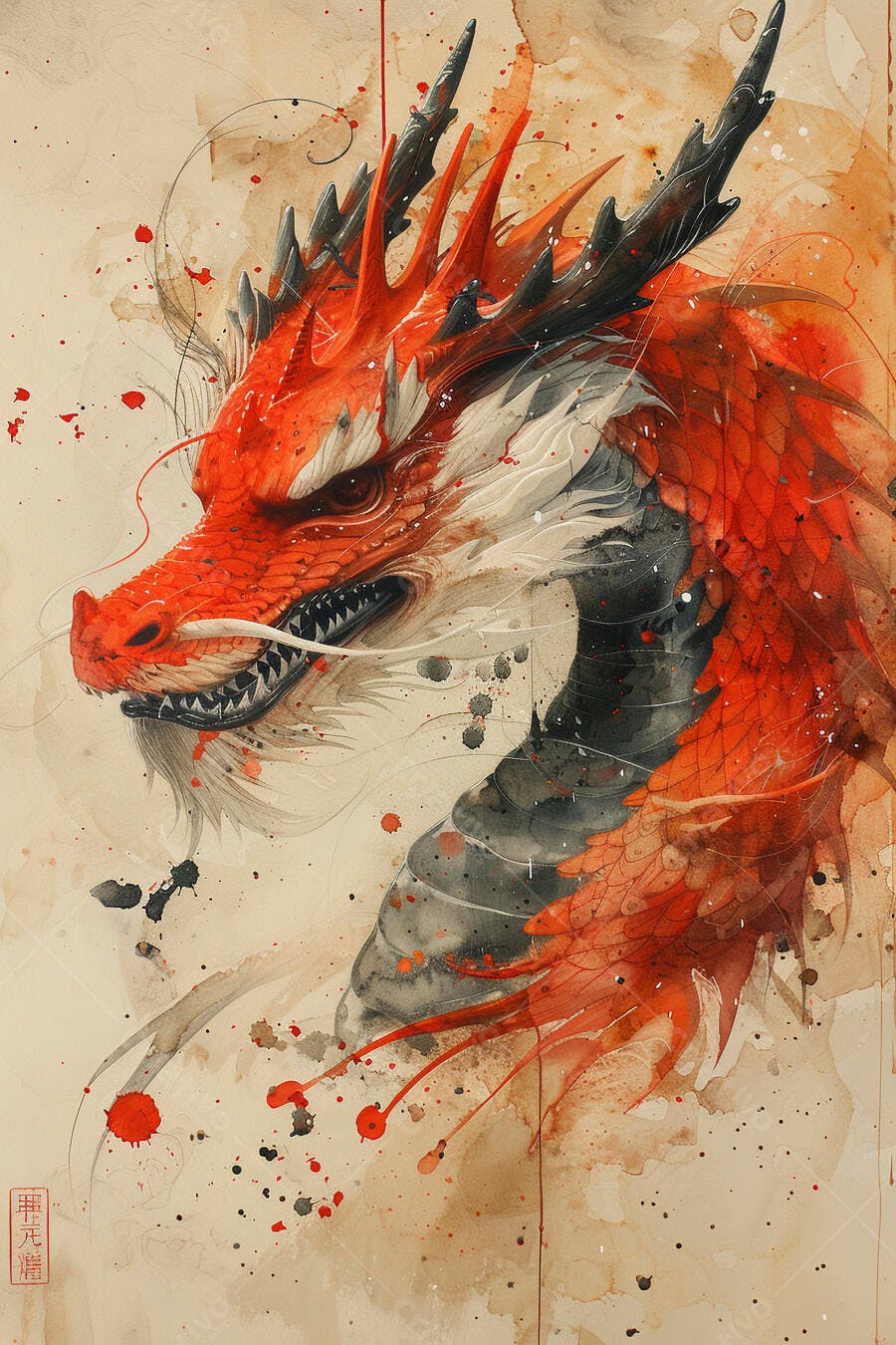 Dragão vermelho e preto em aquarela estilo asiático com respingos de tinta