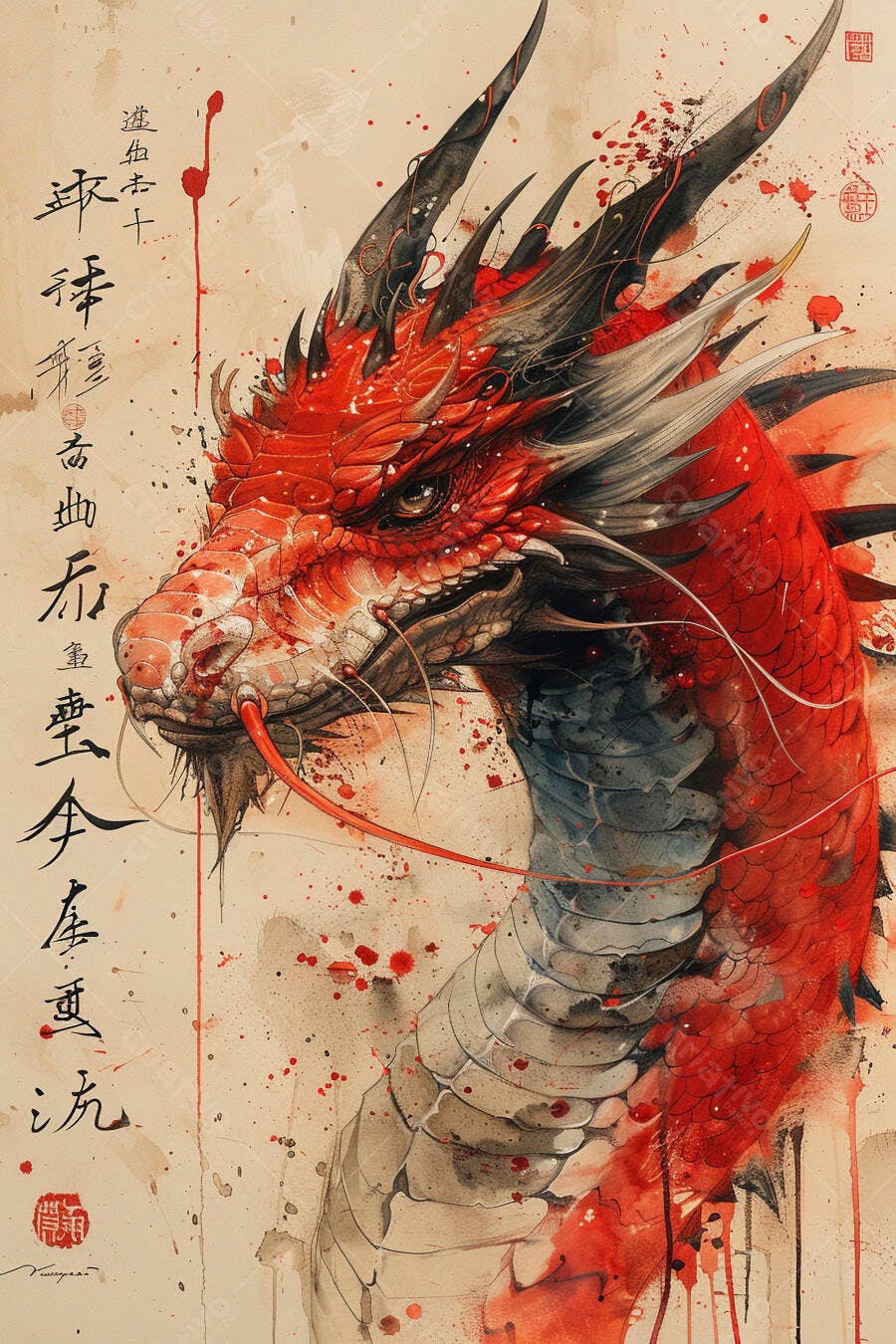 Dragão vermelho majestoso em aquarela estilo japonês com caligrafia asiática