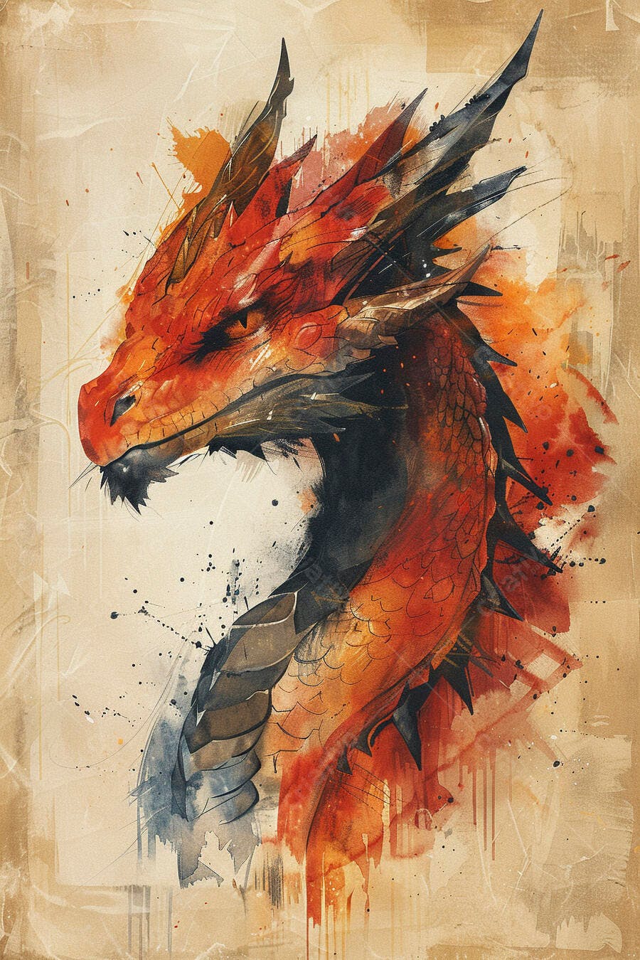 Dragão feroz vermelho e laranja em aquarela com fundo grunge