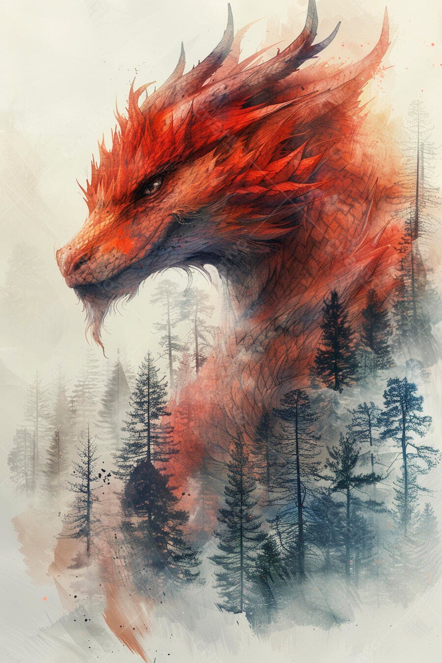 Dragão vermelho majestoso emergindo de floresta mística e enevoada