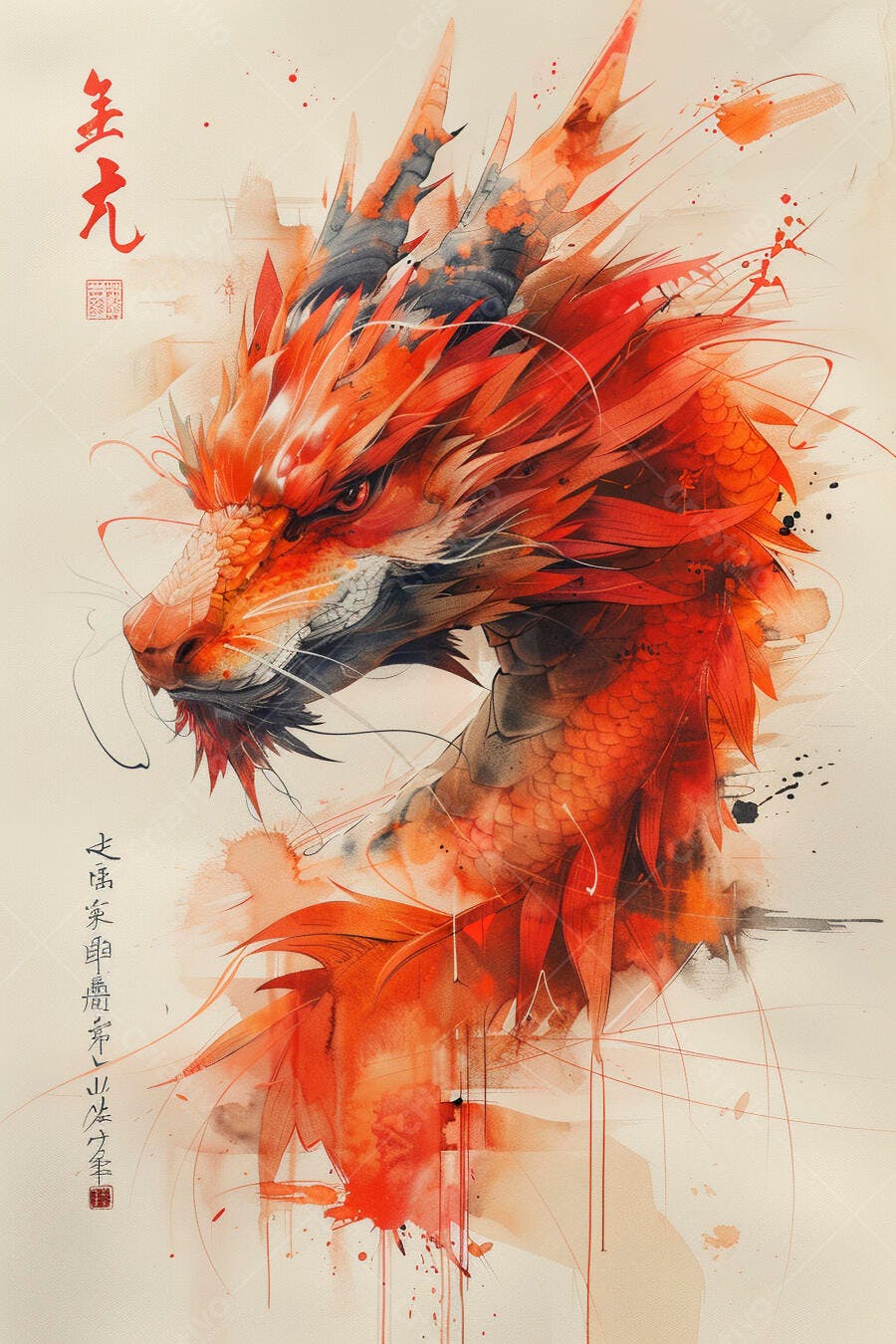 Dragão vermelho vibrante em aquarela estilo oriental com caligrafia