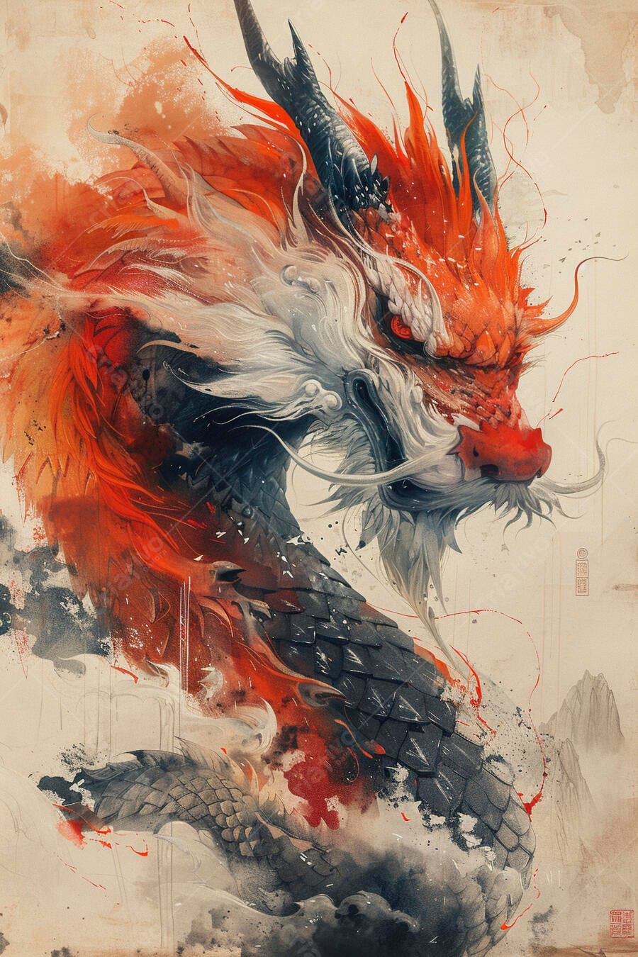Dragão oriental vermelho e preto em estilo aquarela místico