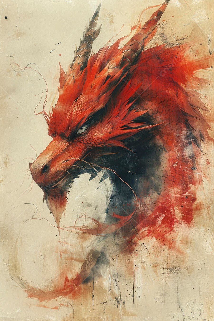 Dragão vermelho feroz com olhos claros em arte digital expressiva