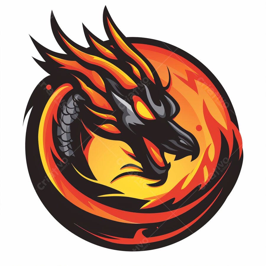 Dragão feroz com chamas logo preto e laranja para e-sports