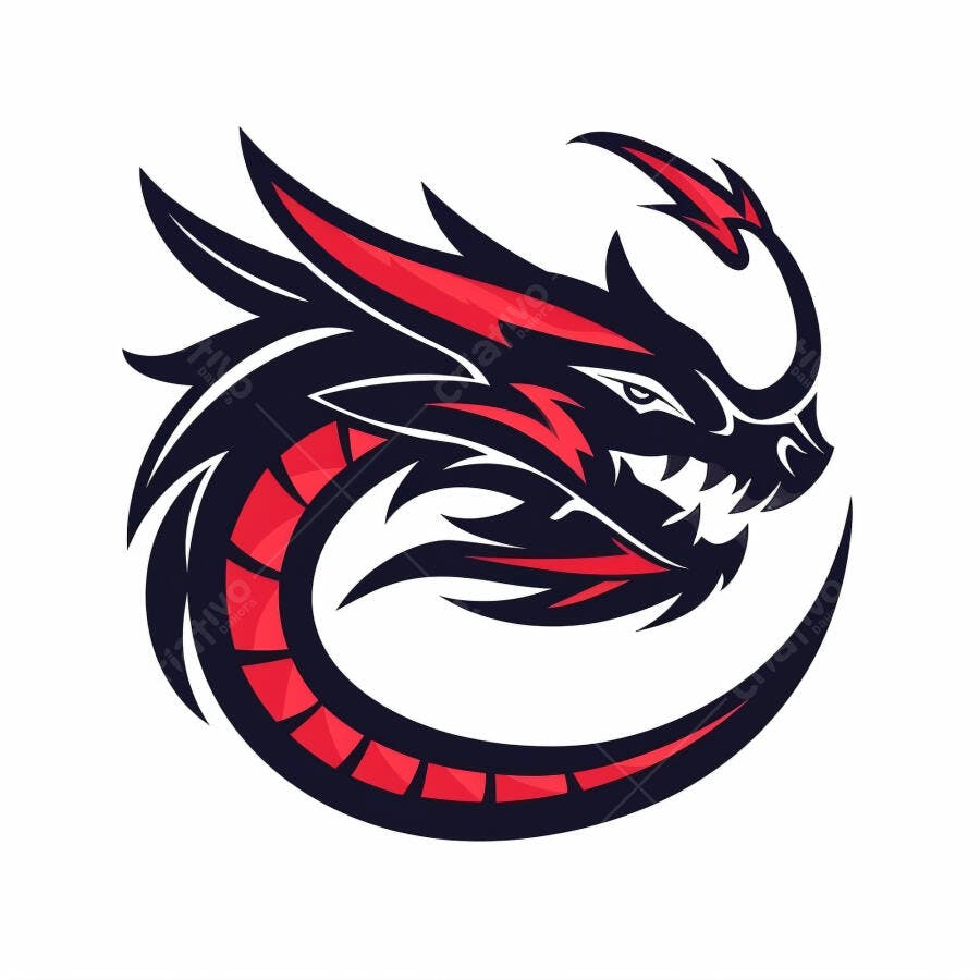 Dragão agressivo logo e-sports em vermelho e preto com dentes afiados