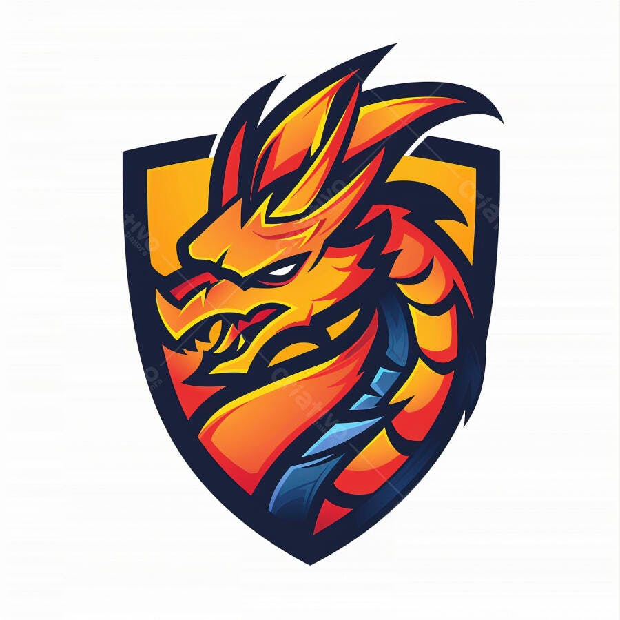 Dragão cabeça feroz em escudo logo e-sports com cores vibrantes