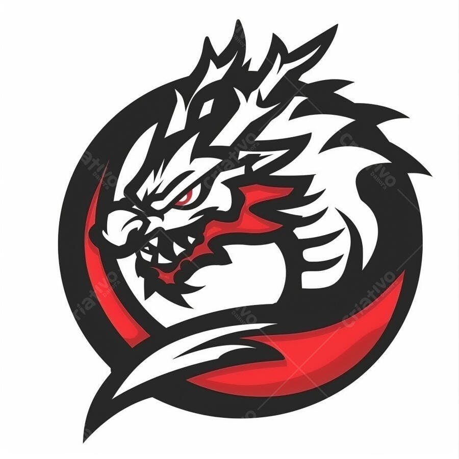 Dragão feroz mascote logo eSports em preto branco e vermelho ilustracao digital