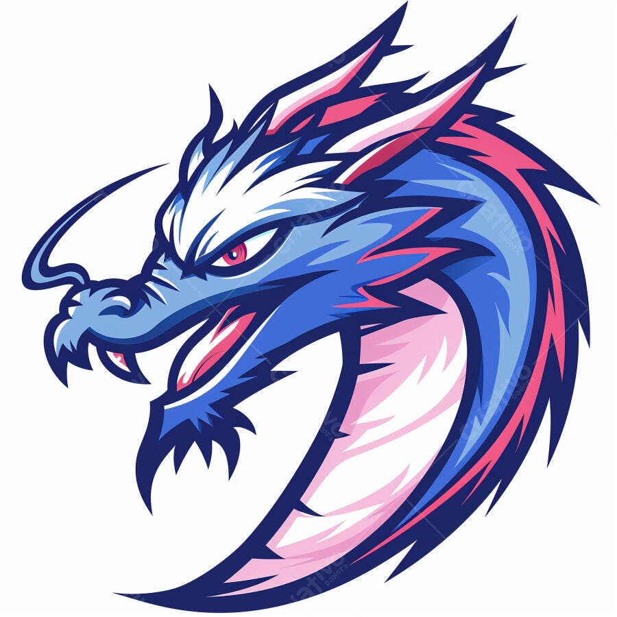 Dragão azul e rosa estilizado com olhos vermelhos vibrantes ilustração