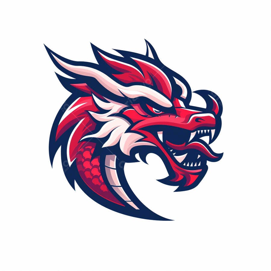 Dragão vermelho e branco estilo mascote com contorno azul