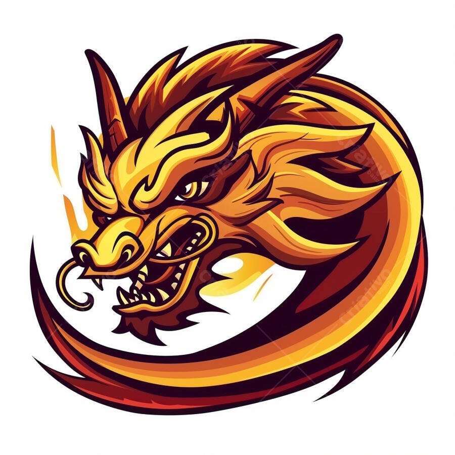Cabeça de dragão oriental dourado e vermelho em ilustração com chamas
