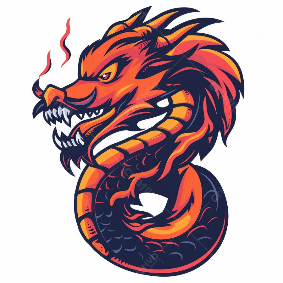 Dragão oriental vibrante com cores quentes e fumaça vermelha
