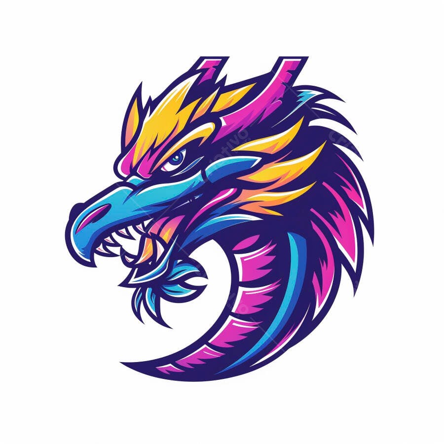 Dragão vibrante estilizado cabeça azul roxa amarela logo gamer