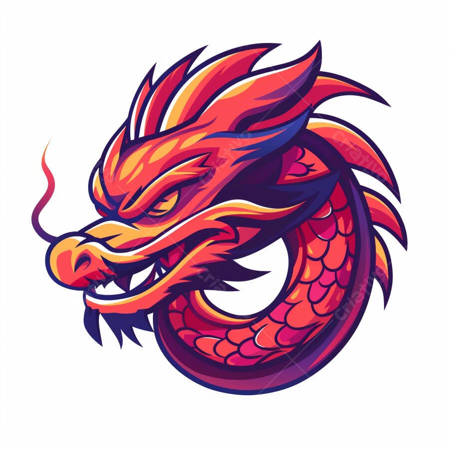 Dragão feroz em estilo ilustração com cores vibrantes vermelho laranja roxo