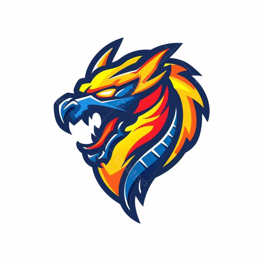Mascote dragão azul e amarelo com olhos brilhantes logo e-sports feroz