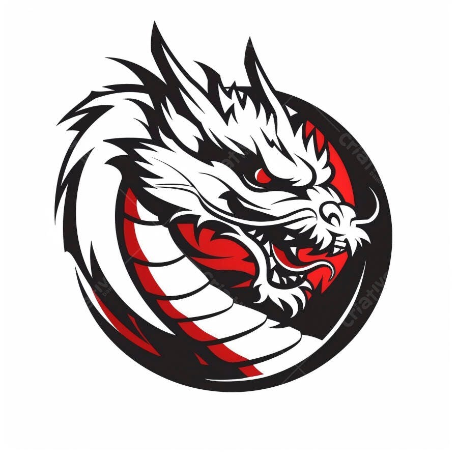 Dragão agressivo preto branco e vermelho em logo circular para e-sports