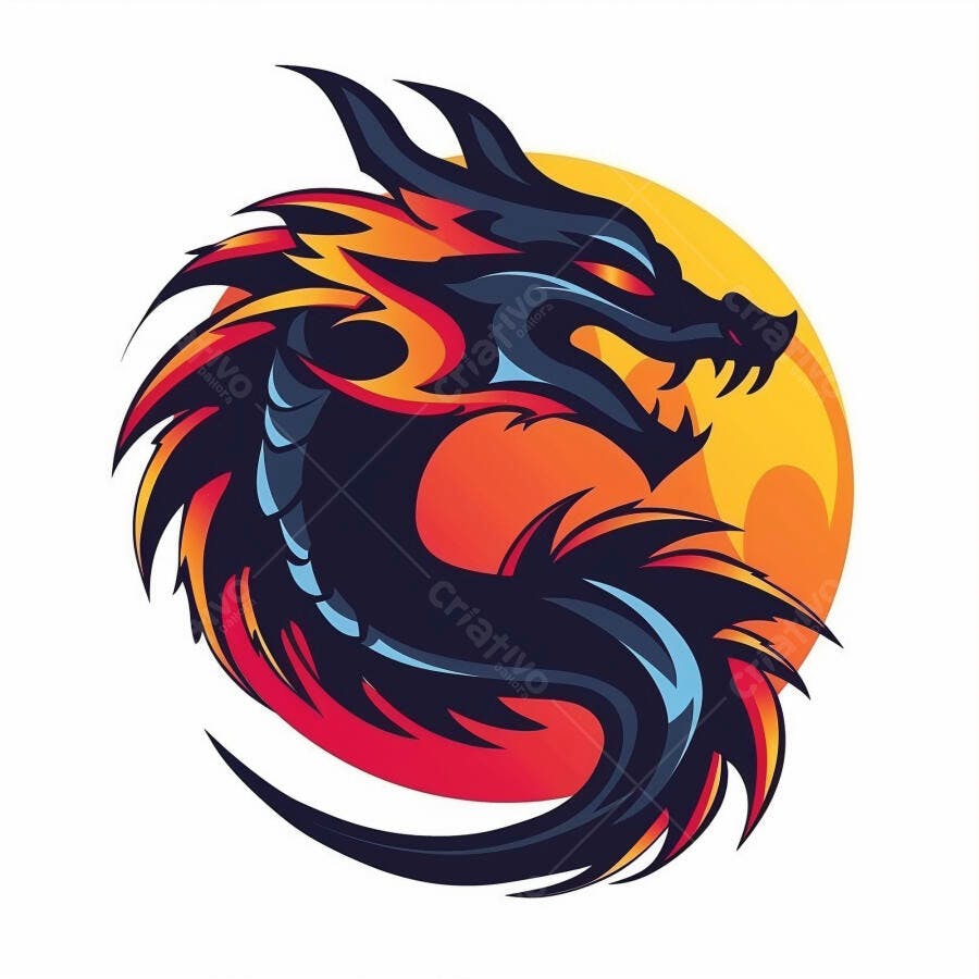 Dragão estilizado azul escuro e vermelho com chamas laranja em círculo amarelo
