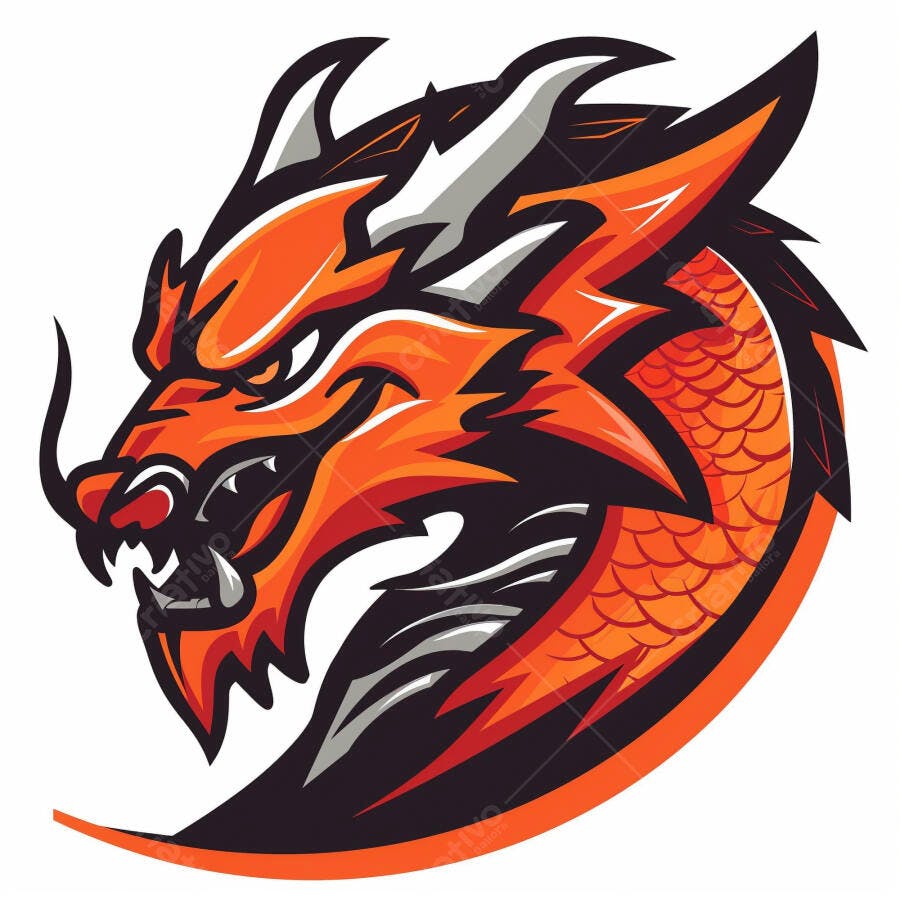 Dragão mascote laranja e preto agressivo ilustração digital