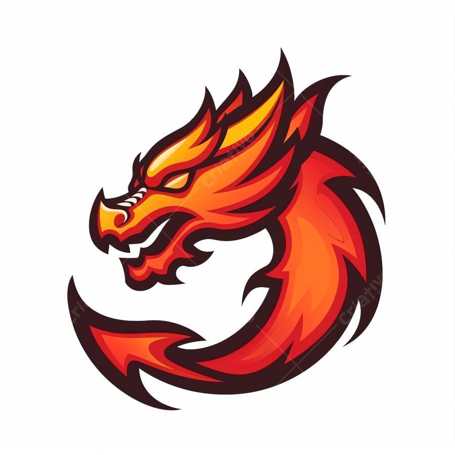 Dragão vermelho e laranja feroz com olhos amarelos fiery logo