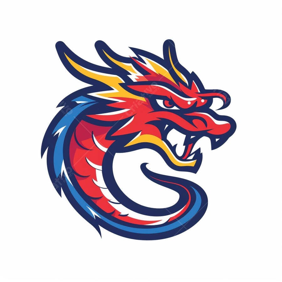 Dragão vermelho e azul mascote esports ilustração vetorial