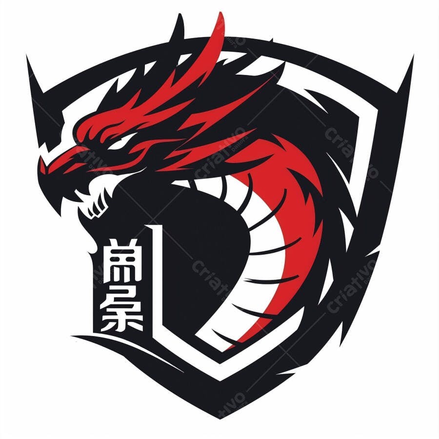 Logo de dragão furioso vermelho e preto em escudo para e-sports