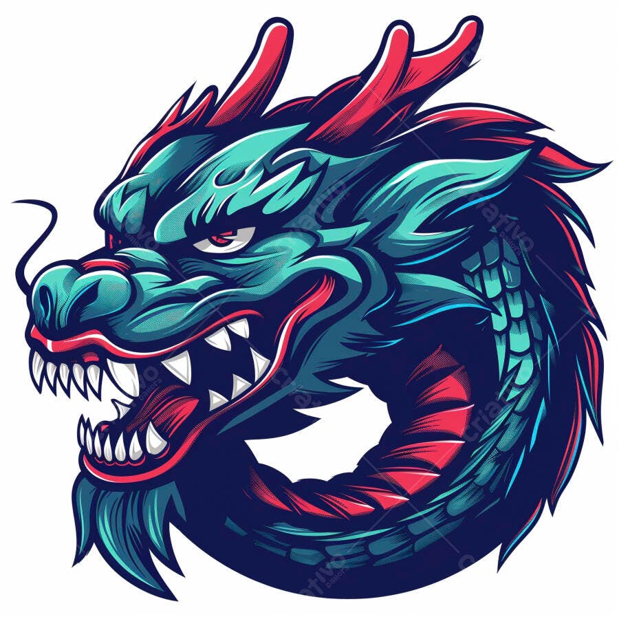Dragão asiático estilizado azul e vermelho com dentes afiados