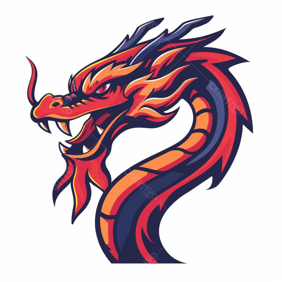 Dragão vermelho e azul mascote cabeça feroz ilustração digital