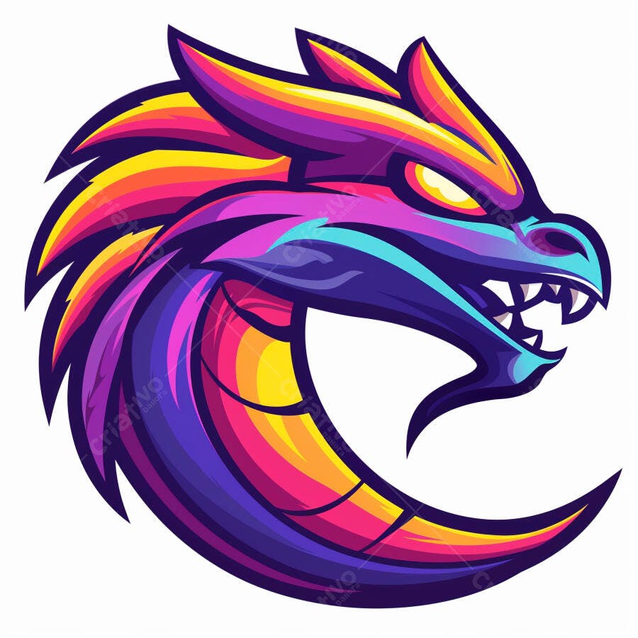 Dragão estilizado vibrante logo de esports gaming com cores neon e cabeça feroz