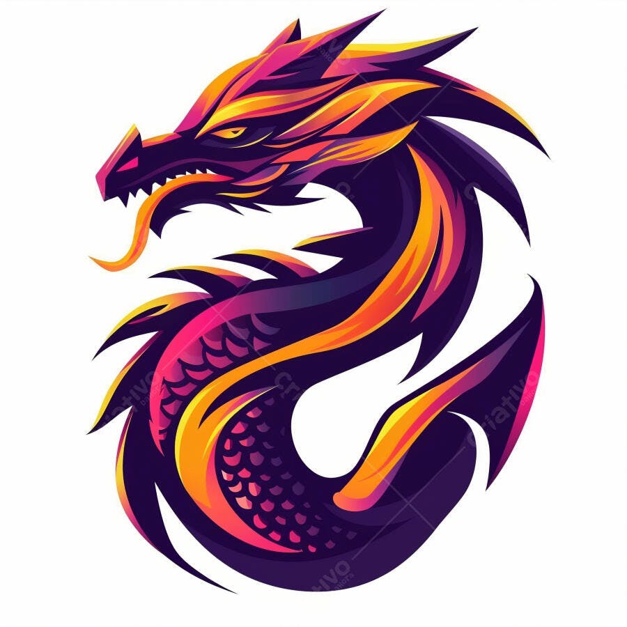 Dragão vibrante roxo amarelo e laranja com estilo moderno
