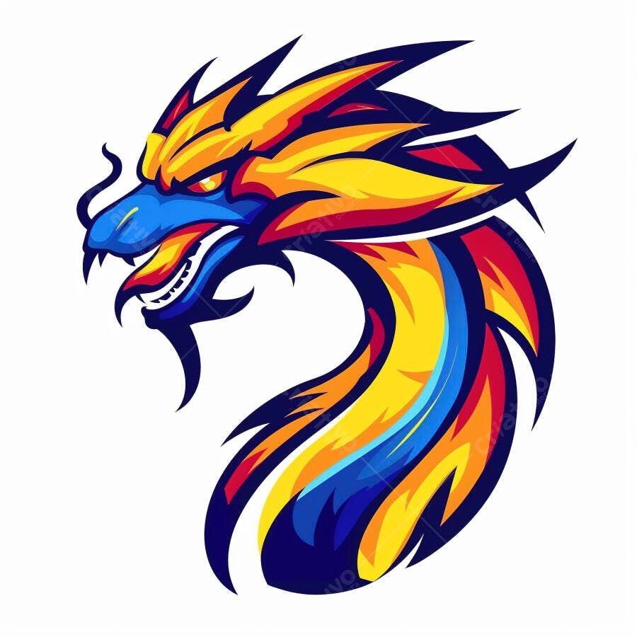 Dragão vibrante estilo mascote com cores azul amarelo e vermelho