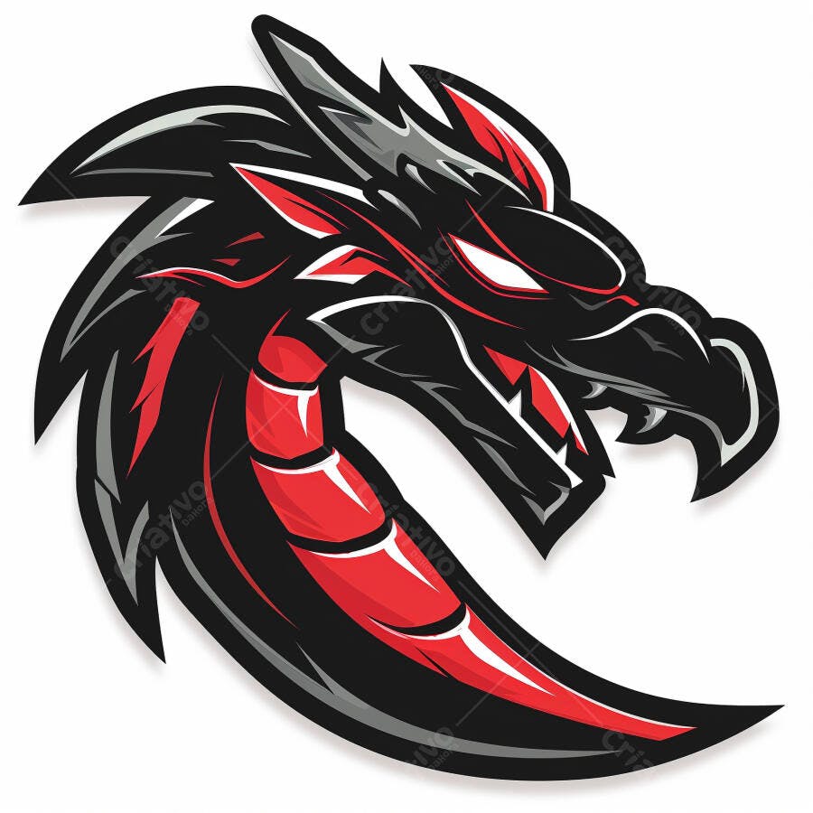 Cabeça de dragão estilizada logo preto e vermelho para e-sports