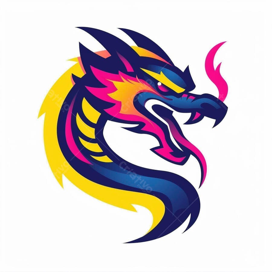 Dragão mascote cabeça feroz azul rosa amarelo ilustração esports