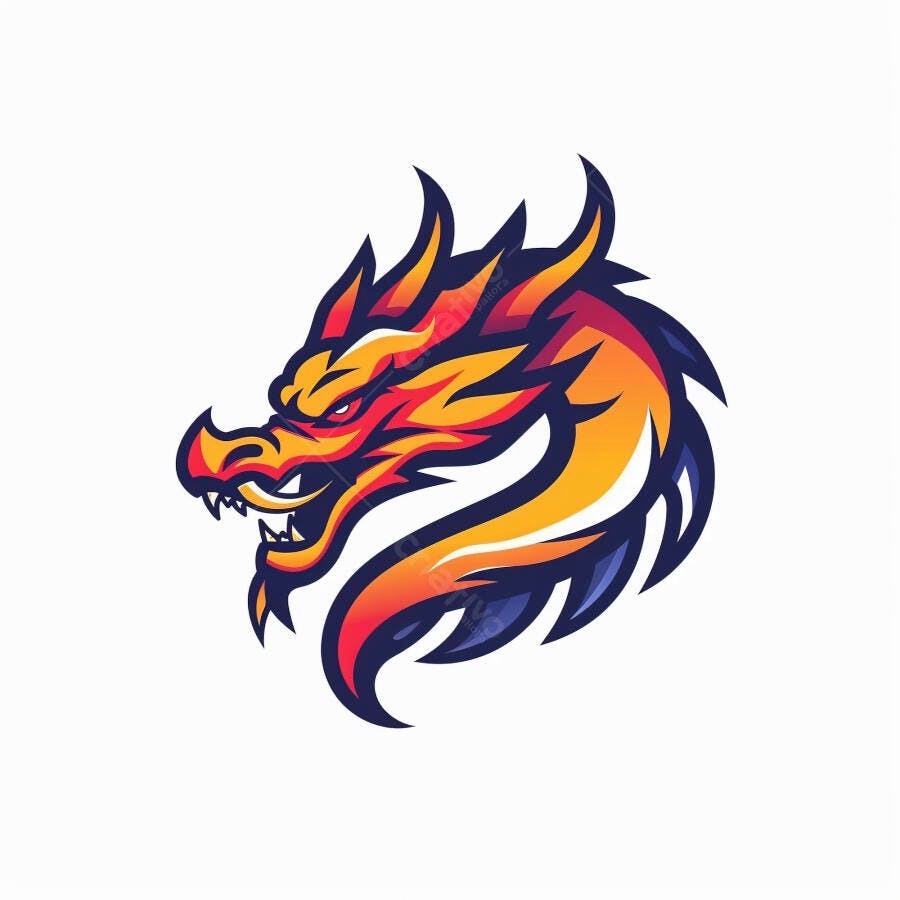 Dragão cabeça agressiva logo e-sports em laranja e azul