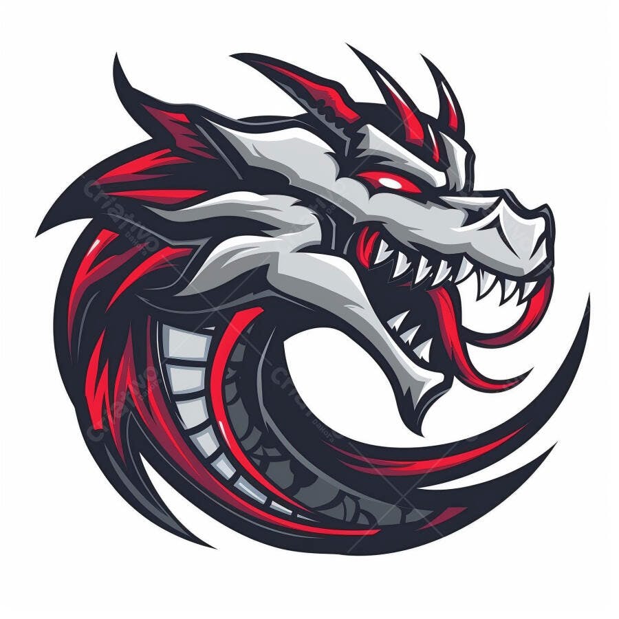 Dragão vermelho e cinza com olhos brilhantes logo de mascote para e-sports gaming