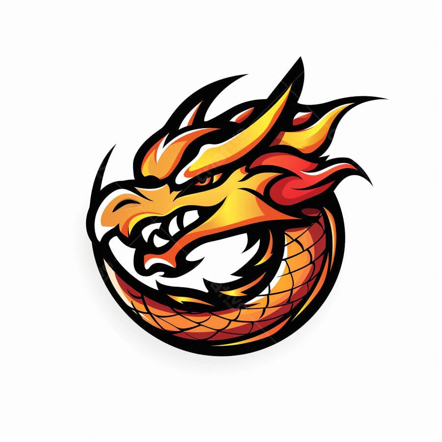 Dragão laranja e amarelo com expressão feroz em formato de logo