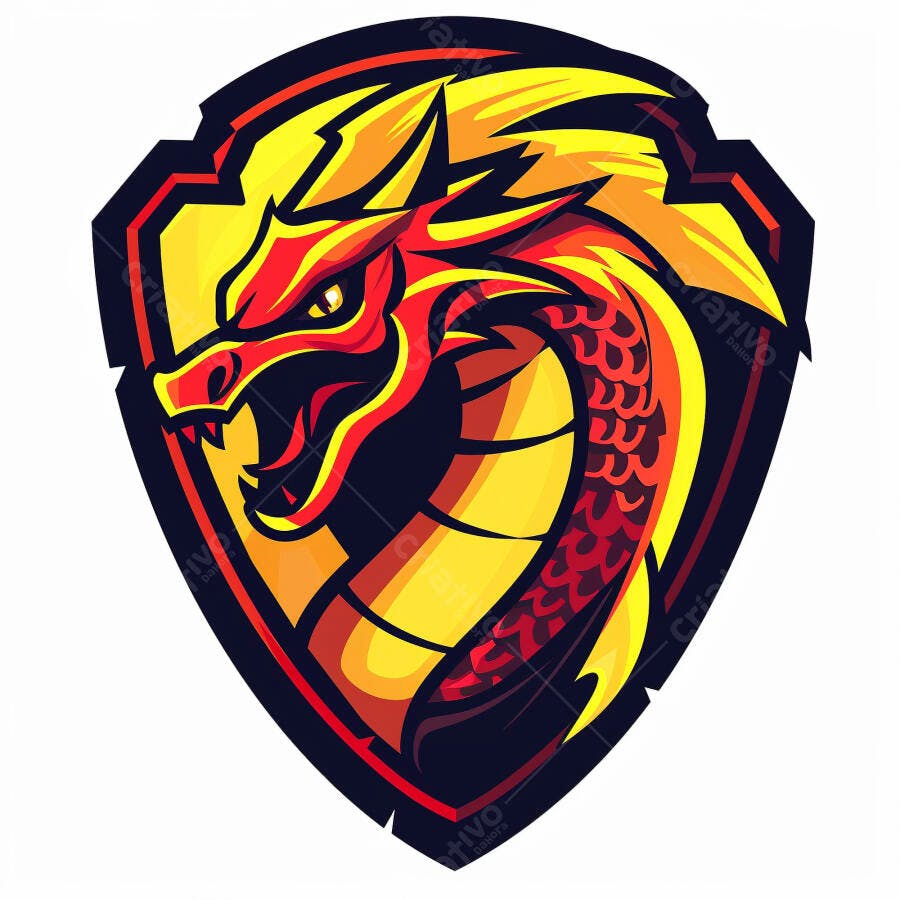 Dragão vermelho e amarelo feroz em escudo emblema de esporte eletrônico
