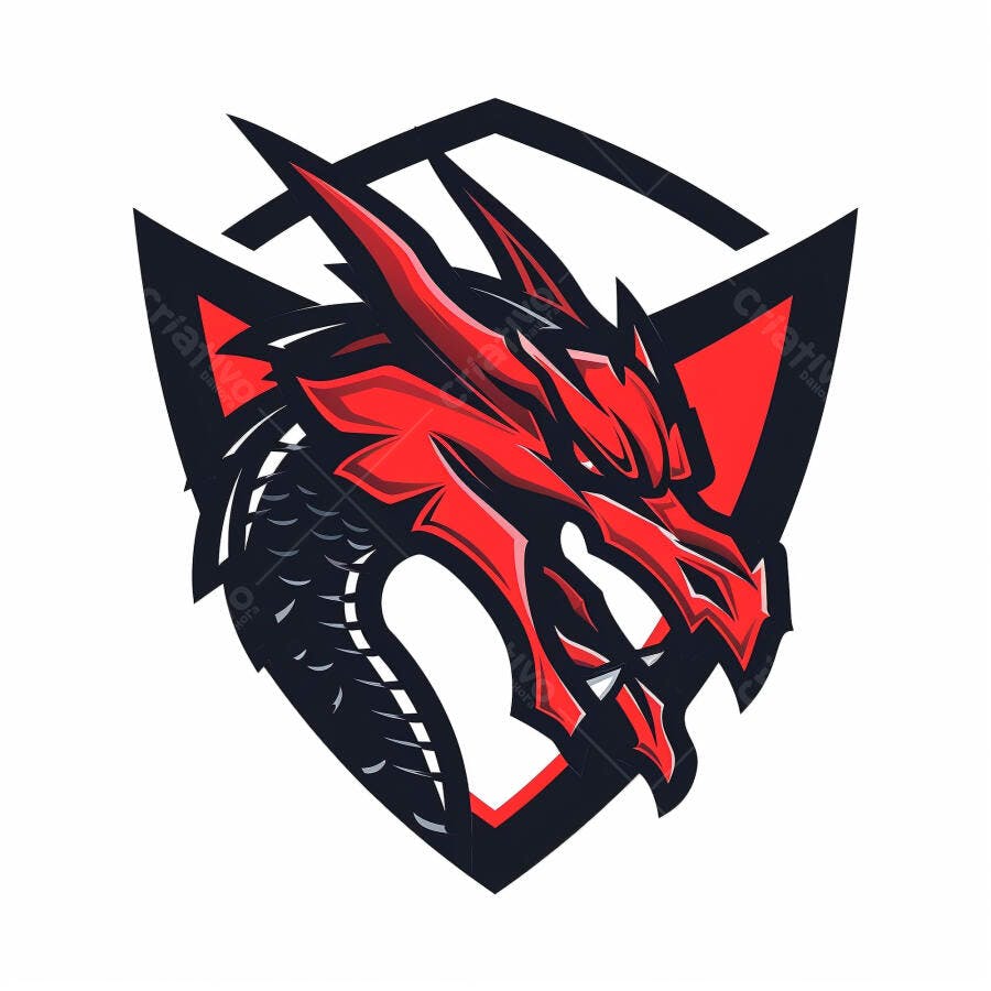 Dragão vermelho e preto logo de e-sports em escudo mascote gamer