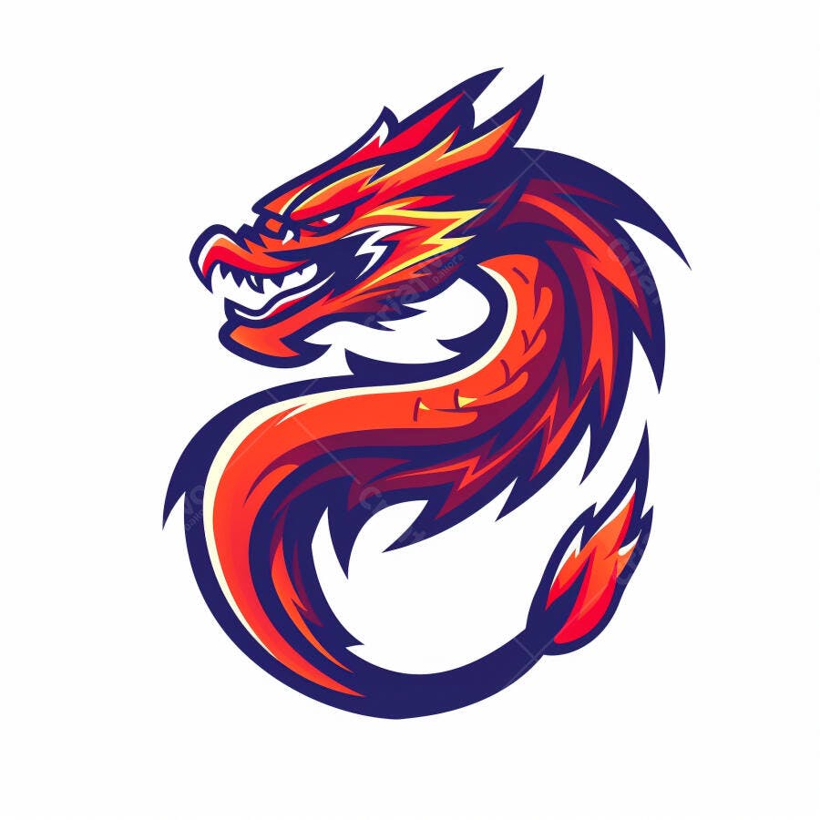 Dragão furioso vermelho e azul mascote esports ilustração vetorial