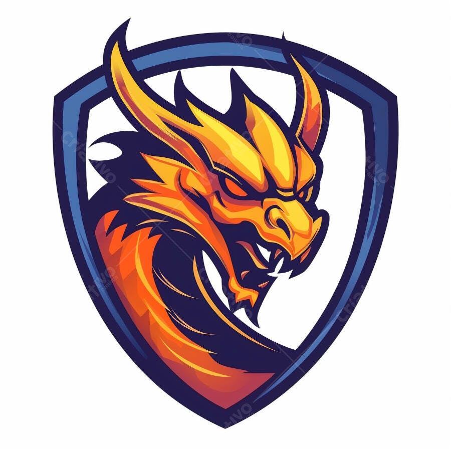 Dragão feroz em escudo azul e laranja ilustração mascot logo