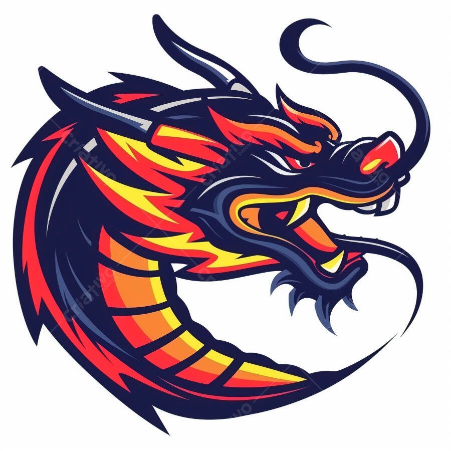 Dragão oriental feroz ilustração de mascote azul escuro vermelho e amarelo