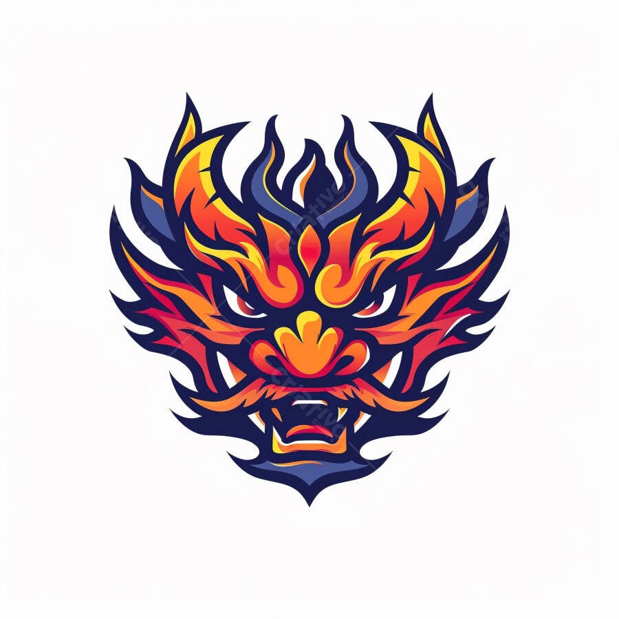 Ilustração de cabeça de dragão oriental vermelho e azul vibrante estilo mascote