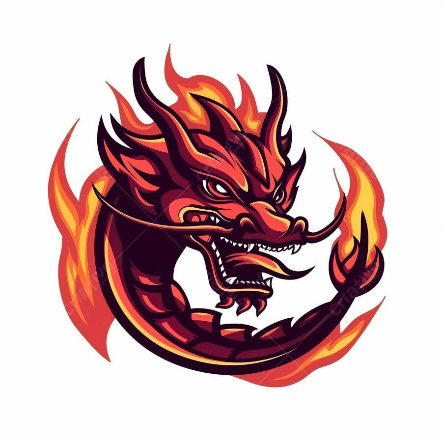 Dragão vermelho feroz em chamas estilo mascote asiático