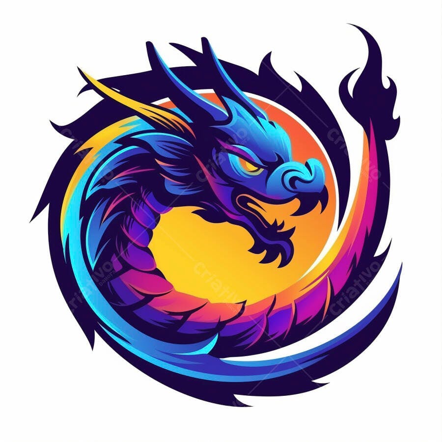 Dragão estilizado azul e roxo com chamas vibrantes em design circular