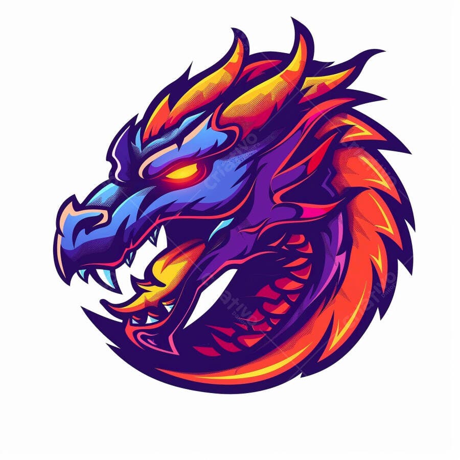 Dragão cabeça estilizada cores vibrantes logo e-sports design agressivo